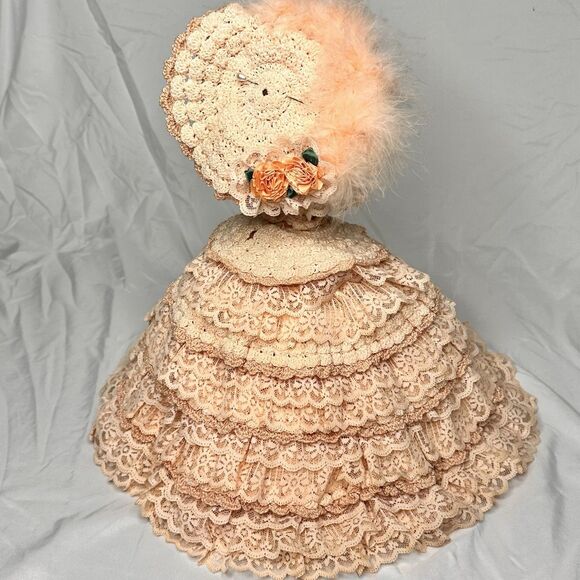 Vintage Barbie Doll Handmade Lace Crochet Gown Hat Stand Display Piece - Picture 3 of 6